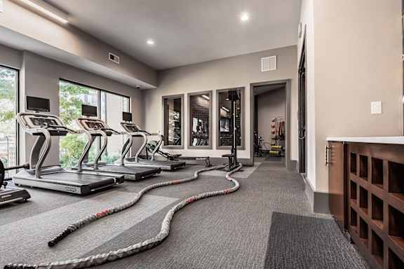 A gym with treadmills, exercise bikes, and a rowing machine.