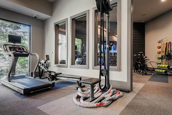 A home gym with a treadmill, a rowing machine, and exercise equipment.
