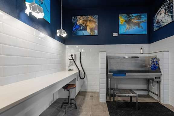 A room with a white bench and a table with a blue cloth on it.