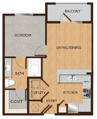 A diagram of a house layout with a bedroom, bathroom, living/dining area, kitchen, and closet.
