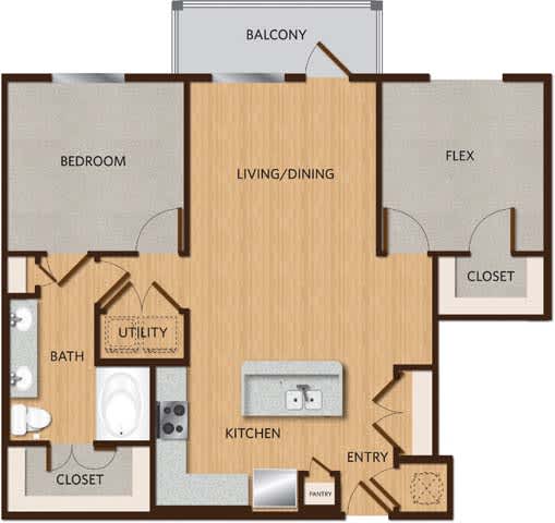 A floor plan of an apartment with a bedroom, living/dining area, kitchen, pantry, and bathroom.