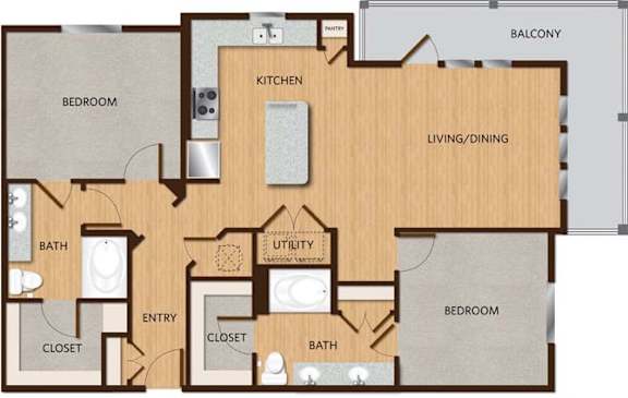 A floor plan of an apartment with two bedrooms, a kitchen, a living/dining area, a bathroom, an entry, and a utility room.
