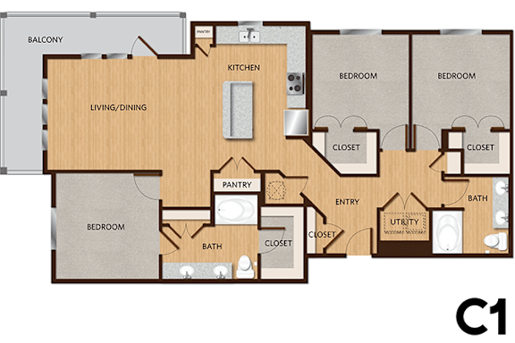 A floor plan of a house with a living room, dining room, kitchen, pantry, two bedrooms, two bathrooms, and a balcony.