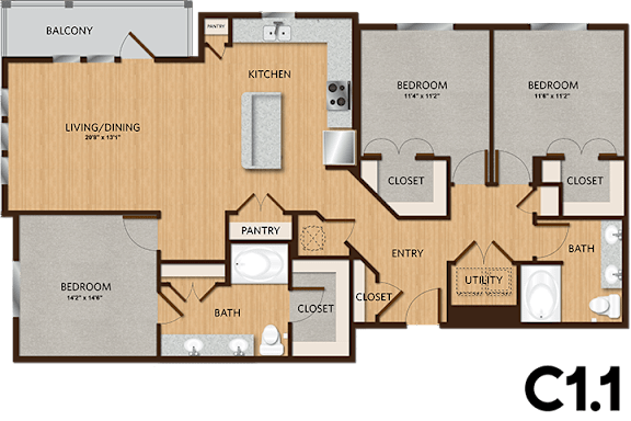 A floor plan of an apartment with a living room, two bedrooms, a pantry, a bathroom, and a balcony.