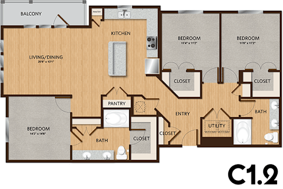 A floor plan of a house with a living room, two bedrooms, a pantry, a kitchen, a bathroom, and an entry closet.