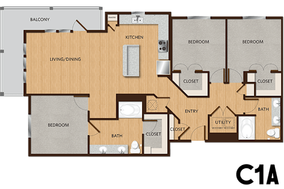 A floor plan of an apartment with a living/dining area, kitchen, and three bedrooms.