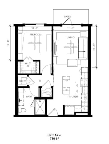 A black and white image of a floor plan for a 750 square foot unit.