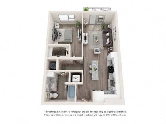 A drawing of a small apartment with a kitchen, living room, and bathroom.