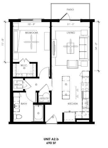 A black and white image of a floor plan for a 690 square foot unit.