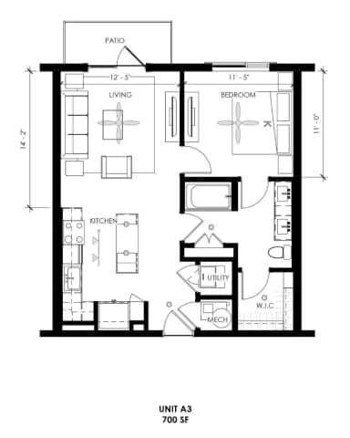 A black and white image of a floor plan for a 700 square foot unit.