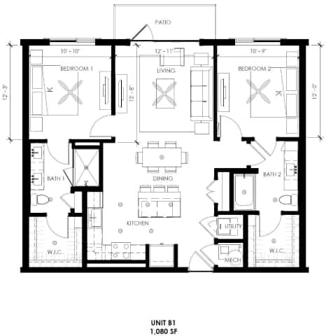 A black and white image of a floor plan for a one bedroom apartment.