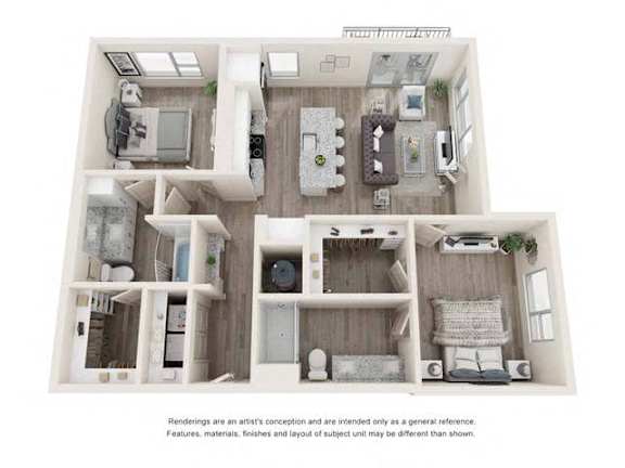Floor Plan  A floor plan of a house with a kitchen, living room, and two bedrooms.