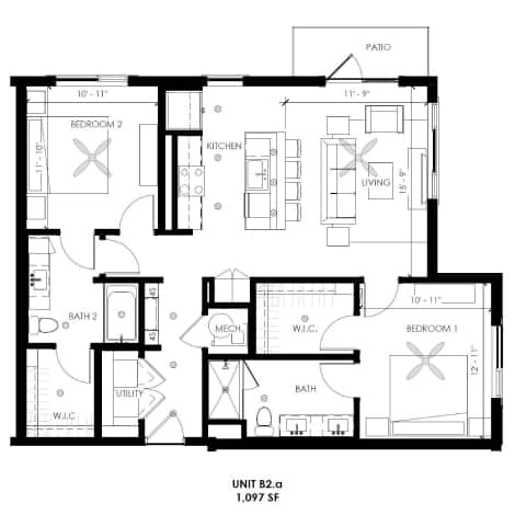 A black and white floor plan of a two-bedroom apartment.