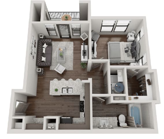 A 3D floor plan of a house with a kitchen, living room, and bathroom.