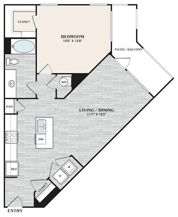 A floor plan of a home with a bedroom, living room, and dining area.