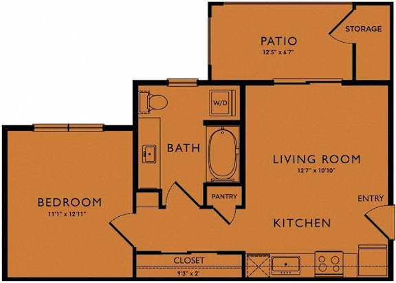 A floor plan of a house with a bedroom, bathroom, pantry, living room, kitchen, and patio.