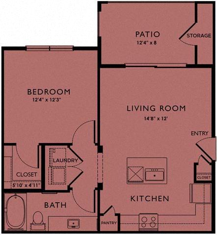 A floor plan of a house with a bedroom, living room, kitchen, bath, and laundry area.