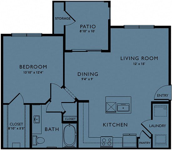 A floor plan of a house with a bedroom, bathroom, kitchen, living room, dining room, pantry, and storage.