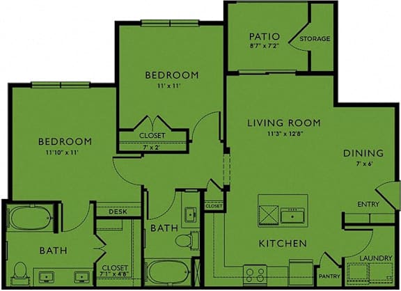A floor plan of a house with a living room, two bedrooms, a bathroom, a kitchen, a pantry, a laundry room, a storage area, and a patio.