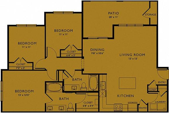Floor Plan  A floor plan of a house with a living room, two bedrooms, a bathroom, a kitchen, a pantry, a dining room, a patio, and storage.