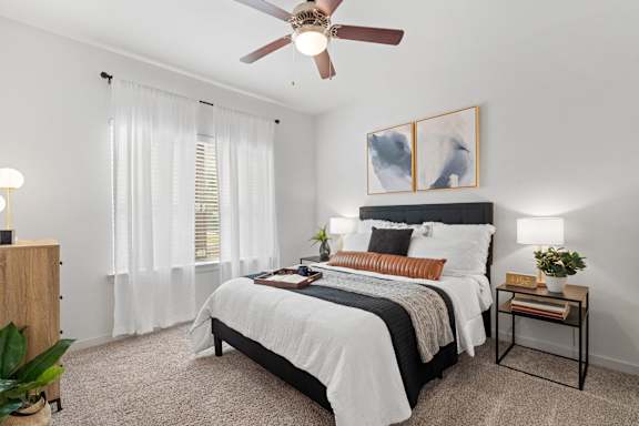 A bedroom with a large bed, a ceiling fan, and a nightstand with a lamp.