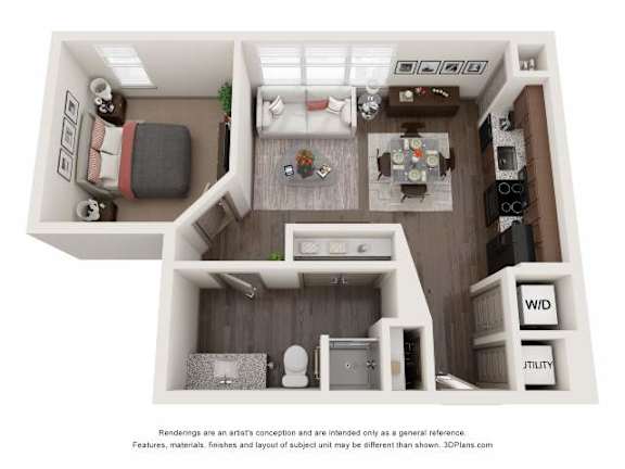 A 3D floor plan of a small apartment with a kitchen, living room, and bathroom.