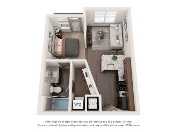A 3D floor plan of a small apartment with a kitchen, living room, and bathroom.