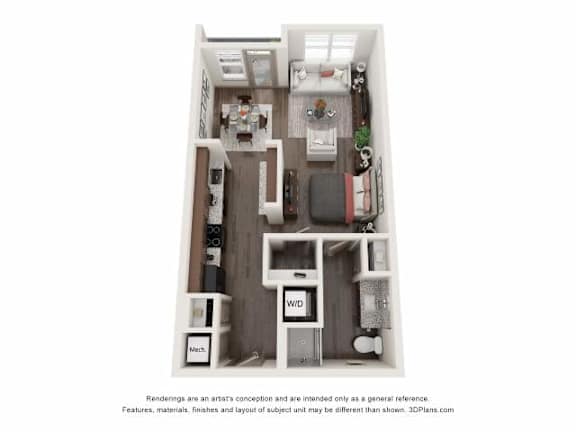 A 3D floor plan of a small apartment with a kitchen, living room, and bathroom.