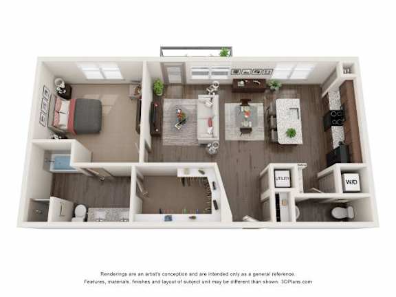 Floor Plan  A 3D floor plan of a small apartment with a kitchen, living room, and bathroom.