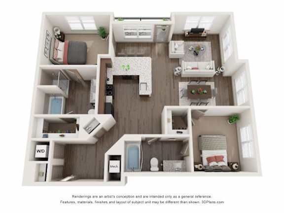 A 3D floor plan of a house layout.