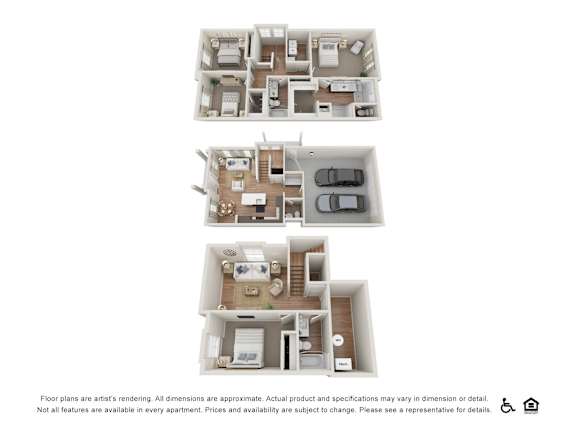 Three different floor plans for an apartment are shown.