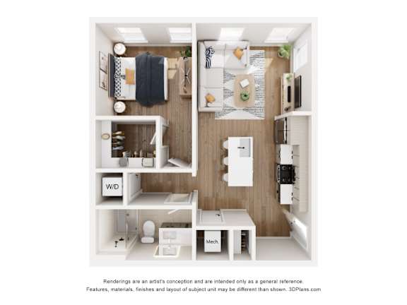 A 3D floor plan of a small apartment with a kitchen, bathroom, and living room.