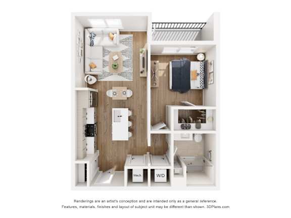 A 3D floor plan of a small apartment with a kitchen, bathroom, and living room.