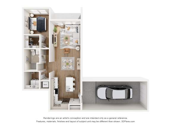 A 3D floor plan of a small apartment with a kitchen, living room, and bathroom.