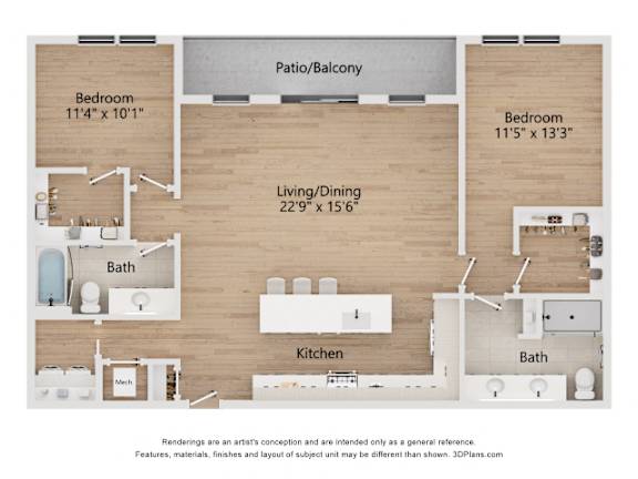 A floor plan of a house with two bedrooms, a living/dining area, a kitchen, a bath, and a patio/balcony.