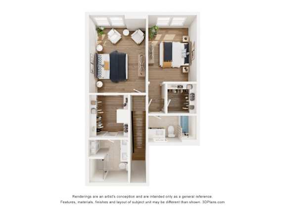 A 3D floor plan of a small apartment with a kitchen, living room, and bathroom.