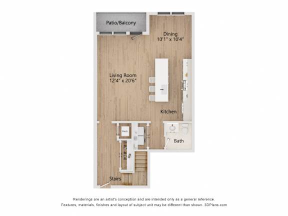 A floor plan of a small apartment with a living room, kitchen, bath, and stairs leading to a patio.