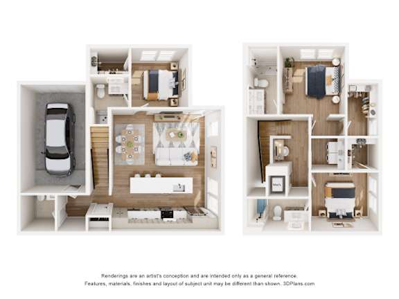 A 3D floor plan of a house with two bedrooms, a living room, a kitchen, a bathroom, and a garage.