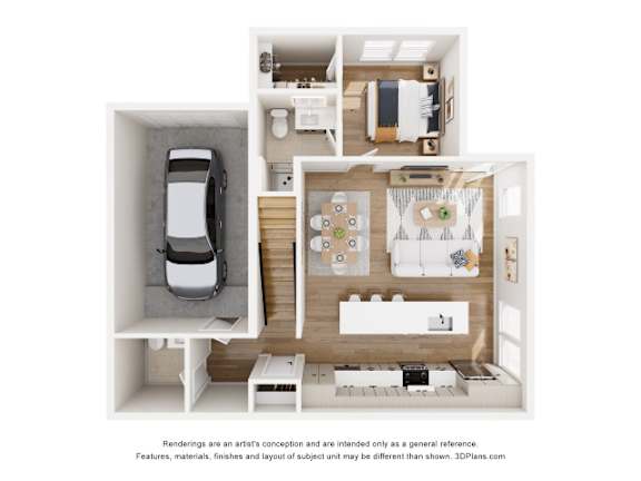 A 3D floor plan of a house with a kitchen, living room, and bathroom.