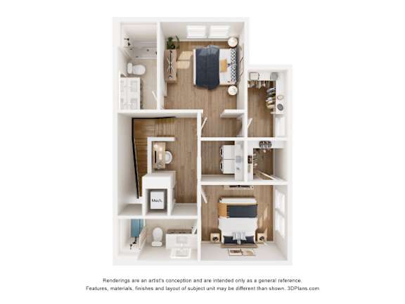 A 3D floor plan of a small apartment with a kitchen, living room, and bathroom.
