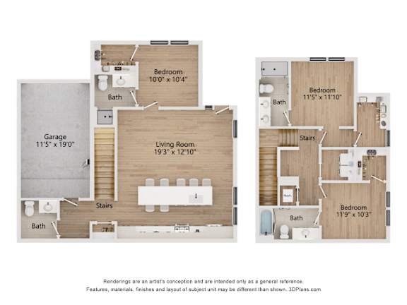 A set of three images showing floor plans for a house with a garage, living room, and two bedrooms.