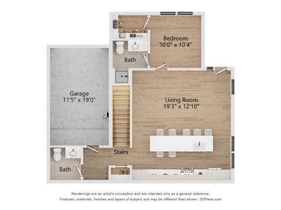 A floor plan of a house with a garage, living room, and two bathrooms.