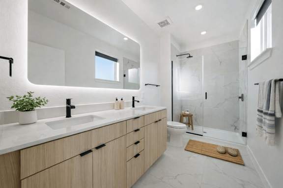 A modern bathroom with a marble floor and a large mirror above the sink.