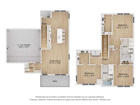 A 3D floor plan of a house with two bedrooms, a living room, a bathroom, a kitchen, a garage, and a patio.