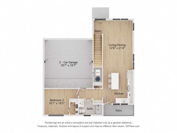 A floor plan of a house with a living/dining area, kitchen, two bedrooms, a bathroom, and a 2-car garage.
