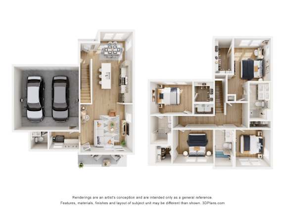 A 3D floor plan of a house with two bedrooms, a living room, a kitchen, and a garage.