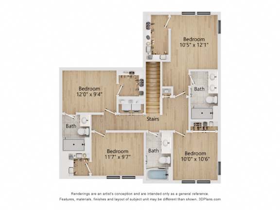 A floor plan of a house with four bedrooms and a bathroom.