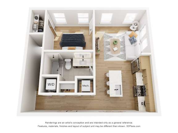 A 3D floor plan of a small apartment with a kitchen, living room, and bathroom.