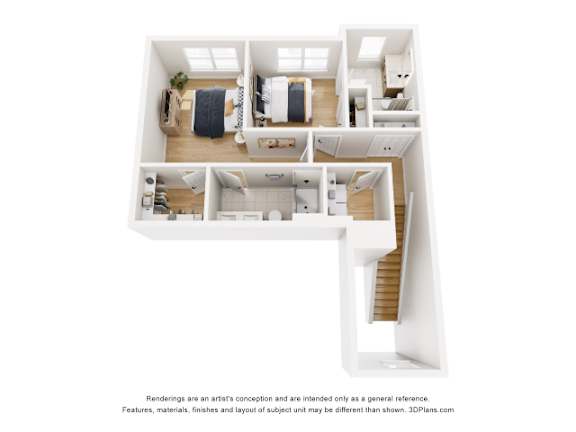 A 3D floor plan of a house with a staircase leading to the upper floor.