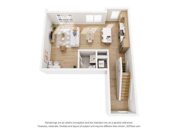 A 3D floor plan of a house with a kitchen, living room, and staircase.